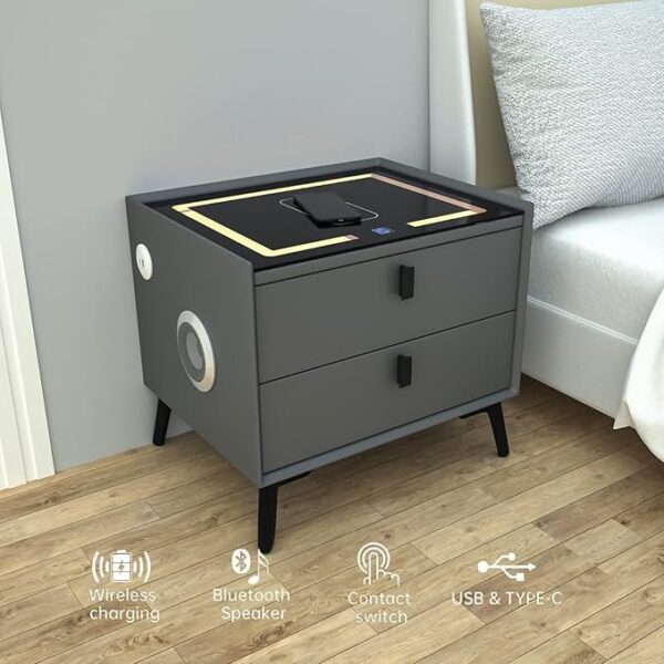 ⏰Today Olny RM39.9⏰Smart Nightstands with Wireless Charging Station, USB Port, Modern Nightstands with 3 Color LED Lights and Speaker, Wooden End Side Table for Bedroom, Dorm, 2 Drawers - Image 3
